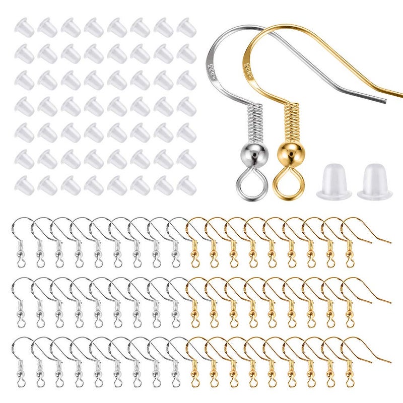 Lhedon 200 PCS/100Pairs 925 Sterling Silver and Gold Earring Hooks,Hypo-allergenic Fish Earring Hooks Earwires for DIY Jewelry Making Supplies with 200 PCS Soft Silicone Earring Backs - Image 1